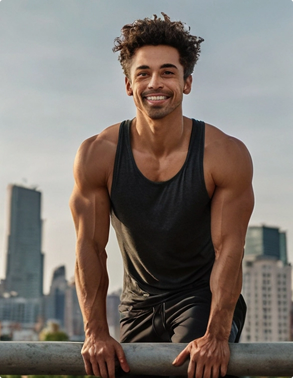 A smiling man in a tank top leans casually on a railing, enjoying a relaxed moment outdoors.
